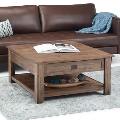 SIMPLIHOME Monroe Square Coffee Table - 38 inch Wide Solid Acacia Wood Living Room Table in Rustic Natural Aged Brown, Rustic Cocktail Table for Family Room or Lounge with 2 Drawers and Open Shelf - Image 2