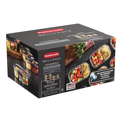 Rubbermaid Brilliance Meal Prep Containers, 2-Compartment Food Storage Containers, 2.85 Cup, 5-Pack, BPA-Free, Clear/Grey - Image 1