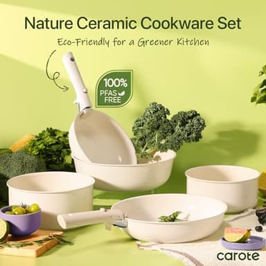 CAROTE Ceramic Cookware Sets, Pots and Pans Set Non Stick Non Toxic, Induction Cookware, kitchen cookware sets, Pots Set for Healthy Coooking 15PCS, White - Image 3