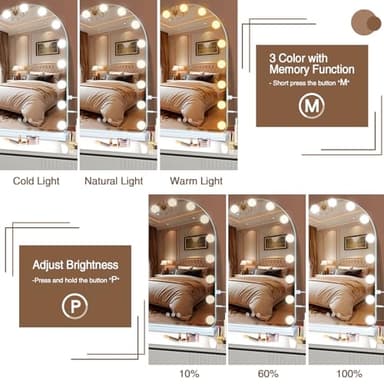 Vanity Mirror with Lights, Hollywood Lighted Makeup Mirror with 15 Dimmable LED Bulbs for Dressing Room & Bedroom，Memory Function - Image 3