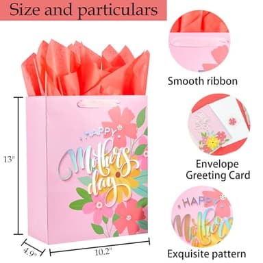 Bobobag 13" Mother's Day Large Gift Bag with Tissue Paper and Handles and Greeting Card for Women - Image 2