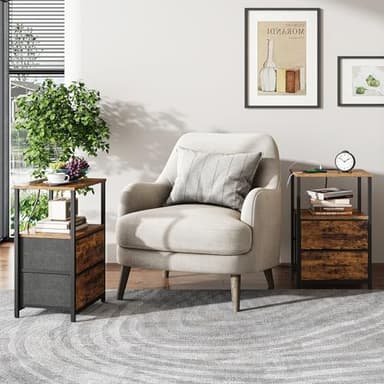 TUTOTAK End Table with Charging Station, Side Table with 2 USB Ports and Outlets, Nightstand with Cloth Drawer, Set of 2, Couch Table, Brown TB01BB052 - Image 5