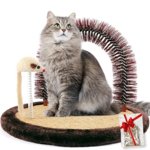 Happi N Pets Original Cat Self Groomer, Arch Grooming Brush wtih Heavy Wooden Scratching Pad, Rubbing Post & Toy, Cat Face Scratchers Body Massager, Cat Scratchers for Indoor Cats, Brown - Image 1