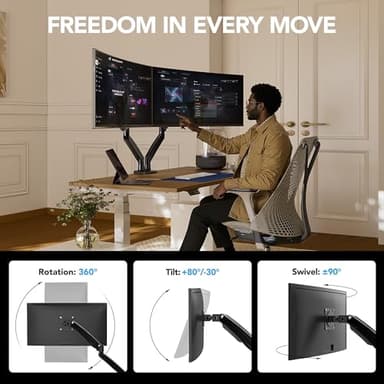 HUANUO Dual Monitor Stand for 13 to 40 inch, Premium Dual Monitor Mount with USB, Height Adjustable Monitor Stand for 2 Monitors, VESA Mount with Clamp/Grommet Base, Each Arm Hold up to 26.4lbs, HNDS7 - Image 4