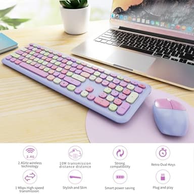 Wireless Keyboard and Mouse Combo, Colorful Ergonomic Full Size Retro Low-Noise Keyboard with Cute keycaps, Compatible with Windows, PC, Perfer for Home and Office Keyboards (Purple) - Image 2