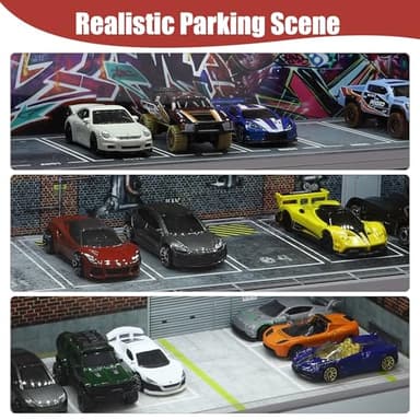 Saichotoy Display Case for Hot Wheels: Stackable Parking Garage for 1/64 Scale Matchbox Toy Car, FoamBoard Storage for Monster Trucks with LED Light and Acrylic Cover, Graffiti Wall - Image 3