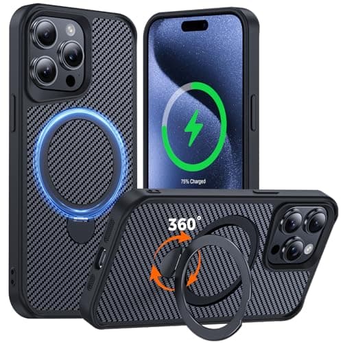 FlyReal Designed for iPhone 15 Pro Max Case with 360° Magnetic Stand, Carbon Fiber Phone Case [Compatible with Magsafe] [16FT Military Protection] with Stand Ring 6.7'', Black - Image 1