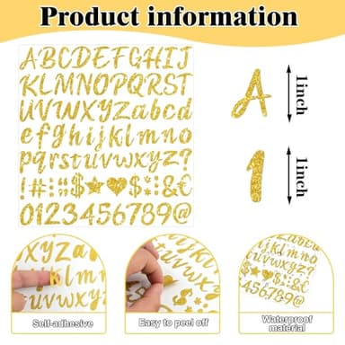 Letter Stickers, 664 Pcs Gold Sticker Letters for Graduation Cap Decoration, Glitter Self-Adhesive Alphabet Number Stickers for Scrapbook Water Bottles Cup DIY Crafts Posters Bulletin Boards(8, Gold) - Image 3