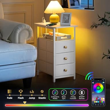 Yoobure End Table with Charging Station, LED Narrow Side Table Bedside Table, Small Night Stand End Tables Living Room, Skinny Nightstand with 3 Fabric Drawers, Side Tables Bedroom for Small Spaces - Image 4