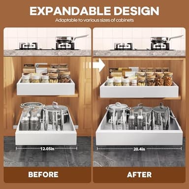 Seinloes 4Pack Expandable Pull Out Cabinet Organizer 21"Deep with Raising Pad for Framed Cabinets,Slide Out Drawers with 4pcs Divider Racks,Roll Out Shelves Adhesive,Adjustable Width 12.05"-20.4"White - Image 3
