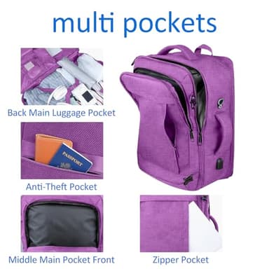50L Carry On Backpack, Extra Large Laptop Backpack, Travel Backpack for Women, Expandable Water Resistant Big Bag Anti-Theft Business Daypack Fit 17 Inch Laptop with USB Port,Purple - Image 7