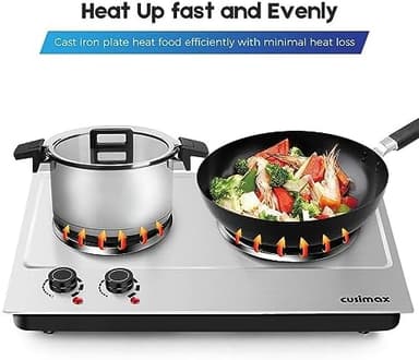 Hot Plate,Cusimax Double Burner 1800W Cast Iron Heating Plate,Electric Stove with Adjustable Temperature Control,Stainless Steel,Suitable for Various Scenarios Upgraded Version - Image 3