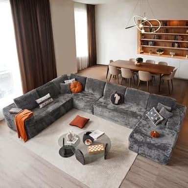 ovios Sectional Cloud Couch for Living Room, Modular Floor Sofa with Plush Corduroy, No Assembly Required, Big Comfy Couches Set with Fluffy Memory Foam, Stupendous U Shaped Sofas with Chaise, Grey - Image 2