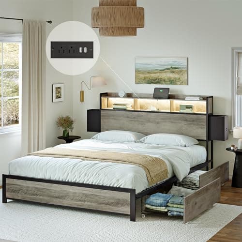 HAUSOURCE Queen Bed Frame with Bookcase Headboard and 2 Drawers LED Lights Metal Platform Non-Slip Without Noise Strong Metal Slats Support No Box Spring Needed (Greige, Queen) - Image 1