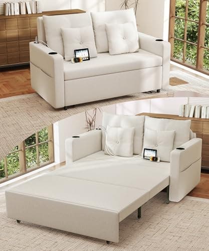 Krcix 3 in 1 Pull Out Couch, 56 Inch Convertible Sleeper Sofa Bed, Loveseat with Cup Holders, Storage Pockets, USB, Sofa Couches for Living Room, Bedroom, Apartment, Beige - Image 1