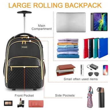 Arcoyard Rolling Backpack for Women, 17 inch Travel Laptop Wheeled Backpack with USB Charging Port for Adults, Large Water Resistant Carryon Luggage Roller Bag Flight Approved for Work College, Black - Image 8