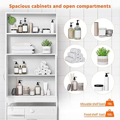 Yaheetech Over The Toilet Storage, Taller Bathroom Organizer Space-Saving Storage Cabinet with Adjustable Shelves and Double Doors, 77 in H, White - Image 5