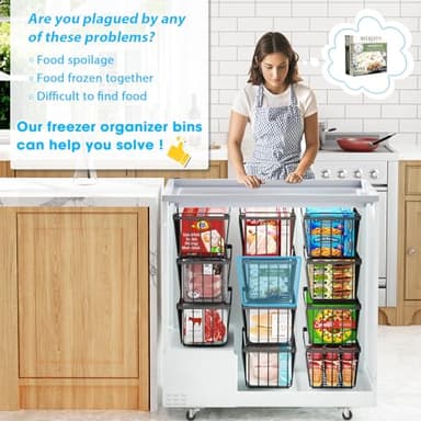 SUNALLY Freezer Organizer Bins, 4 Pack Stackable Chest Freezer Organizer for 5-7 Cu.FT Deep Freezer Sort Frozen Meats and Food, Freezer Storage Baskets with Handles Easy Reach from Bottom, Black - Image 6