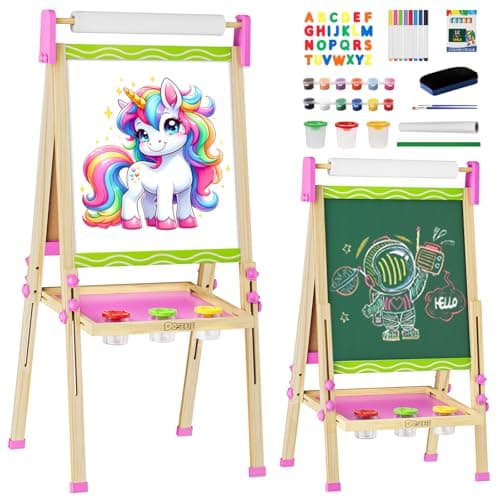 Easel for Kids,Toddler Art Easel Toys for Ages 4 5 6 7 8,Toys for 4 5 6 7 8 9 Year Old Girl Gifts,Wooden Double-Sided Magnetic Dry Erase Whiteboard and Chalk Board with Paper Roll,Boys Girls Gift - Image 1