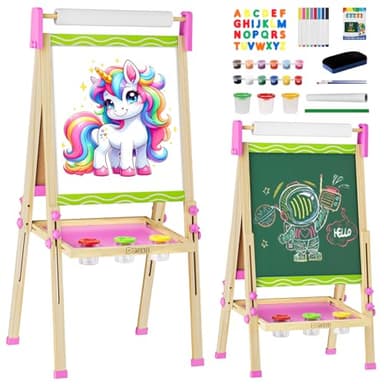 Easel for Kids,Toddler Art Easel Toys for Ages 4 5 6 7 8,Toys for 4 5 6 7 8 9 Year Old Girl Gifts,Wooden Double-Sided Magnetic Dry Erase Whiteboard and Chalk Board with Paper Roll,Boys Girls Gift - Image 1