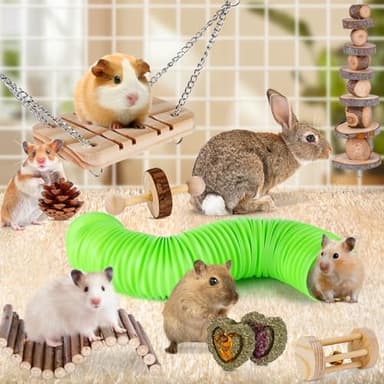 VESPRO Hamster Toys Set, Guinea Pig Toys Small Animal Chewing Toy and Rat Cage Accessories, Chinchillas, Gerbils, Rats, Rabbit Rodents Teeth Care, Apple Wood Timothy Hay Mouse Toy Swing Seesaw Bridge - Image 2