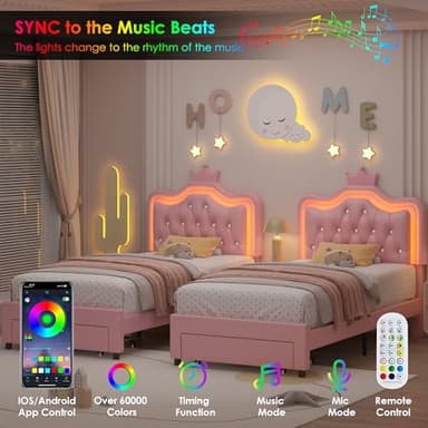 Keyluv Twin Upholstered LED Bed Frame with Storage Drawer, Leather Princess Platform Bed with Adjustable Crystal Button Tufted Crown Headboard, Solid Wooden Slats Support, No Box Spring Needed, Pink - Image 3