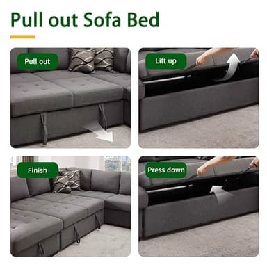 THSUPER 123'' Sectional Sleeper Sofa Couch with Pull Out Bed, 6 Seater U Shaped Oversized Comfy Linen Sleeper Sectional Sofas Couches with Storage Chaise for Living Room, Gray - Image 7