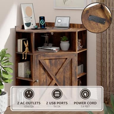 Corner Cabinet, Corner Storage Shelf with USB Ports and Outlets Industrial Organizer for Small Space Wooden 6-Cubby Bookshelf for Study, Playroom, Living Room (Amber Pine) - Image 3