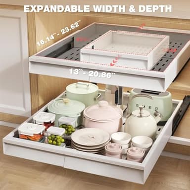 Seinloes 2 Pack Pull Out Cabinet Organizer With Raising Pad for Framed Cabinets,Expandable Width (13"-21") and Depth (17"-24"),3 Slide Rails Slide Out Drawers with Handle,No-Drill Roll Out Shelf,White - Image 3