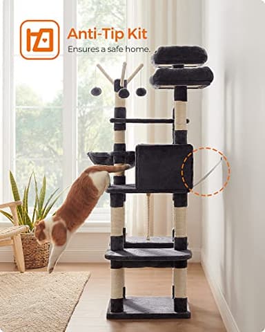 FEANDREA Cat Tree, Large Cat Tower, 64.6 Inches, Cat Activity Center with Hammock, Basket, Removable Fur Ball Sticks, Cat Condo, Smoky Gray UPCT087G01 - Image 9