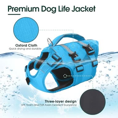 Kuoser Dog Life Jacket, High Flotation Dog Life Vest for Swimming Boating, Adjustable Ripstop Pet Lifesaver for Small Medium and Large Dogs, Reflective Safety Puppy Swimming Vest with Rescue Handle - Image 3