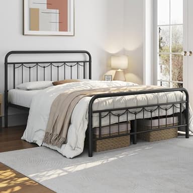 Yaheetech Queen Size Metal Bed Frames with Vintage Headboard and Footboard, Farmhouse Metal Platform Bed, Heavy Duty Steel Slat Support, Ample Under-Bed Storage, No Box Spring Needed, Black - Image 3