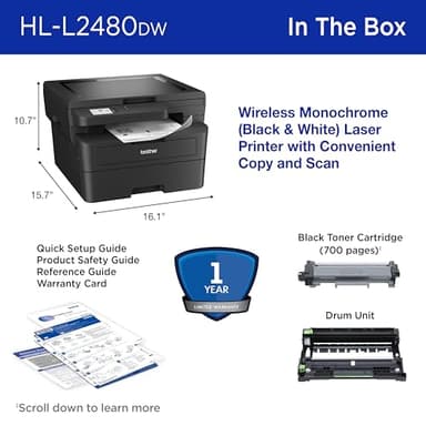 Brother HL-L2480DW Wireless Compact Mobile Monochrome Multi-Function Laser Printer with Copy, Scan, Duplex, Black & White Output | Includes Refresh Subscription Trial(1), (Renewed Premium) - Image 7