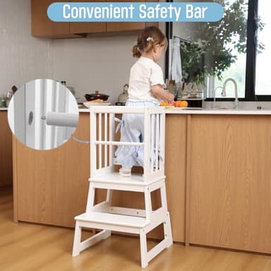 Kids Kitchen Step Stool, Ideal Toddler Learning Standing Tower, 2025 New Upgrade with an Anti-tip Structure and Anti-Drop Safety Bar, More Stable and Safer - White - Image 3