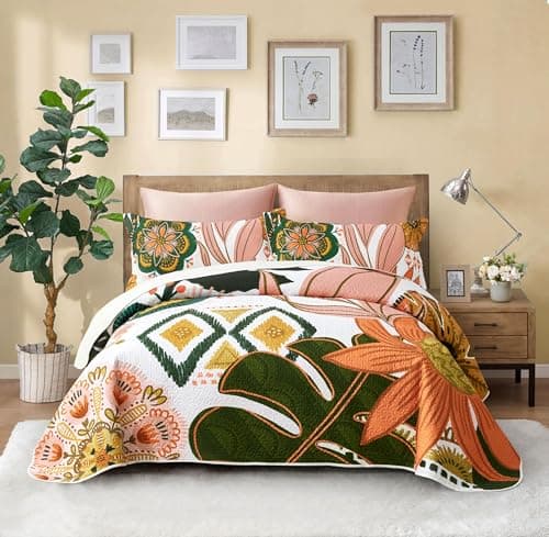 Tyrot 3 Piece Boho Floral Full/Queen Quilt Sets Farmhouse Botanical Reversible Lightweight Bedspread Coverlet with 2 Shams Mid Century Leaves Microfiber Bedding Quilts Set for All Season, 90''x96'' - Image 1