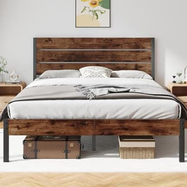 Fluest Queen Bed Frame with Headboard and Footboard, with Under Bed Storage, All-Metal Support System, No Box Spring Needed, Easy Assembly,Rustic Brown - Image 1
