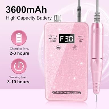 Professional Electric Nail Drill File:COSYGLOW Glitter Portable Cordless E-File Nail Drill Kit with 11 Drill Bits,30000 RPM Rechargeable Nail Drills Machine for Acrylic Nails Gel Polishing (Pink) - Image 4