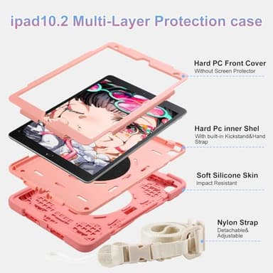 for iPad 9th/8th/7th Generation Case 10.2" ，Heavy Sturdy Shockproof Kids Cover with Rotating Stand/Pencil Holder/Shoulder Strap for iPad 10.2 Case 2021/2020/2019 Girls (Pink) - Image 3