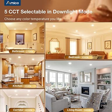 Amico 12 Pack 4 Inch 5CCT LED Recessed Ceiling Light with Night Light, 2700K/3000K/3500K/4000K/5000K Selectable Ultra-Thin Lighting, 10W=90W, 700LM, Dimmable Canless Wafer Downlight - ETL&FCC - Image 4