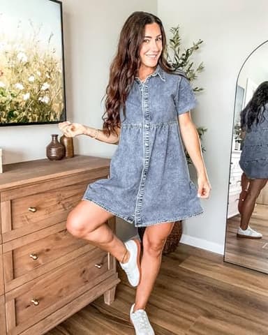 GRAPENT Formal Homecoming Short Dresses for Older Women Summer Cocktail 90s Jean Dress Outfit Button Down Denim Shirt Dress Bay Blue Size XL/ 16 - 18 - Image 8