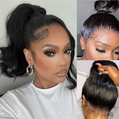 Umeiw 360 Lace Front Wigs Human Hair Pre Plucked Transparent Lace Frontal Wigs for Black Women 360 Hd Full Lace Human Hair Wigs 150% Density Natural Black 12 Inch - Image 1