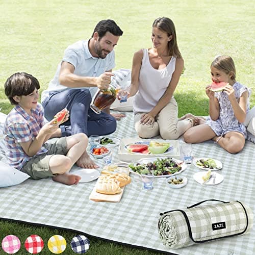 ZAZE Extra Large Picnic Outdoor Blanket, 80''x80'' Waterproof Foldable Blankets Gingham Picnic Mat for Beach, Camping Grass Lawn Park Accessories Cute Couple Gifts Ideas Wedding Registry(Green White) - Image 1