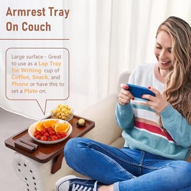 SINWANT Couch Arm Tray, Bamboo Couch Arm Table with 360° Rotating Phone Holder,Sofa Armrest Tray for Eating,Drinks,Snacks, Remote Control - Image 3