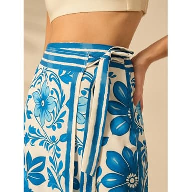 Talakeno Womens Floral Wrap Midi Skirt Summer Adjustable Tie Side Casual High Waist A Line Beach Boho Long Flared Skirts(Blue,M) - Image 6