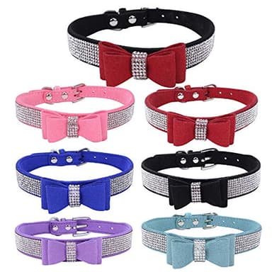Dogs Kingdom 10"-24" Length Cute Pet Dog Velvet Bow Tie Collar Puppy Cat Full Crystal Rhinestone Necklace Adjustable,Dark Blue,XXS - Image 2