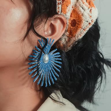 Burst Statement Earrings Raffia Pearl Earrings Gold Heart Boho Dangle Earrings Trendy Summer Jewelry for Women(Royal Blue) - Image 2