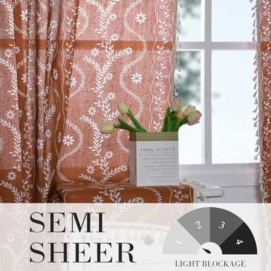 Terracotta Boho Linen Curtains with Tassels 84 Inch Length for Living Room, Floral Semi Sheer Curtains 2 Panels, Vintage Rustic Farmhouse Light Filtering Drapes, Burnt Orange - Image 3