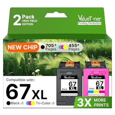 Valuetoner Remanufactured Ink Cartridges Replacement for HP 67 Ink Cartridges Black/Color Combo Pack 67XL for Envy 6055 6055e 6052 6455e 6452 6458 DeskJet 2855e 2827e 2755e 2700 2755 4152 4155e 2-Pack - Image 1