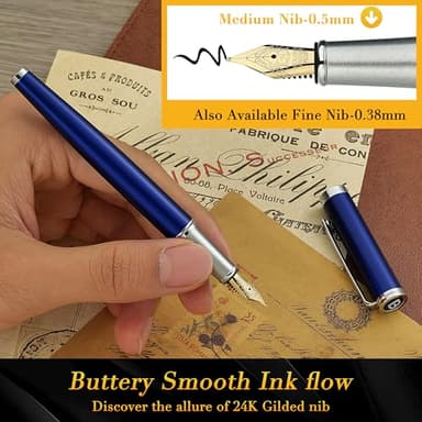 BEILUNER Luxury Fountain Pen Set,Solid 24K Gilded Medium Nib, Modern Classic Limited Edition -Includes 6 Ink Cartridges&Ink Refill Converter with Gift Case-Perfect for Men and Women（Charming blue） - Image 4
