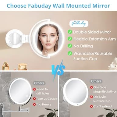 Fabuday Wall Mounted Magnifying Makeup Mirror with Lights - 1x/30x Double Sided Lighted Magnification Mirror with Suction Cup, Rechargeable Mirrors with Extended Arm, 3 Color LED Lighting, 7 Inch - Image 4